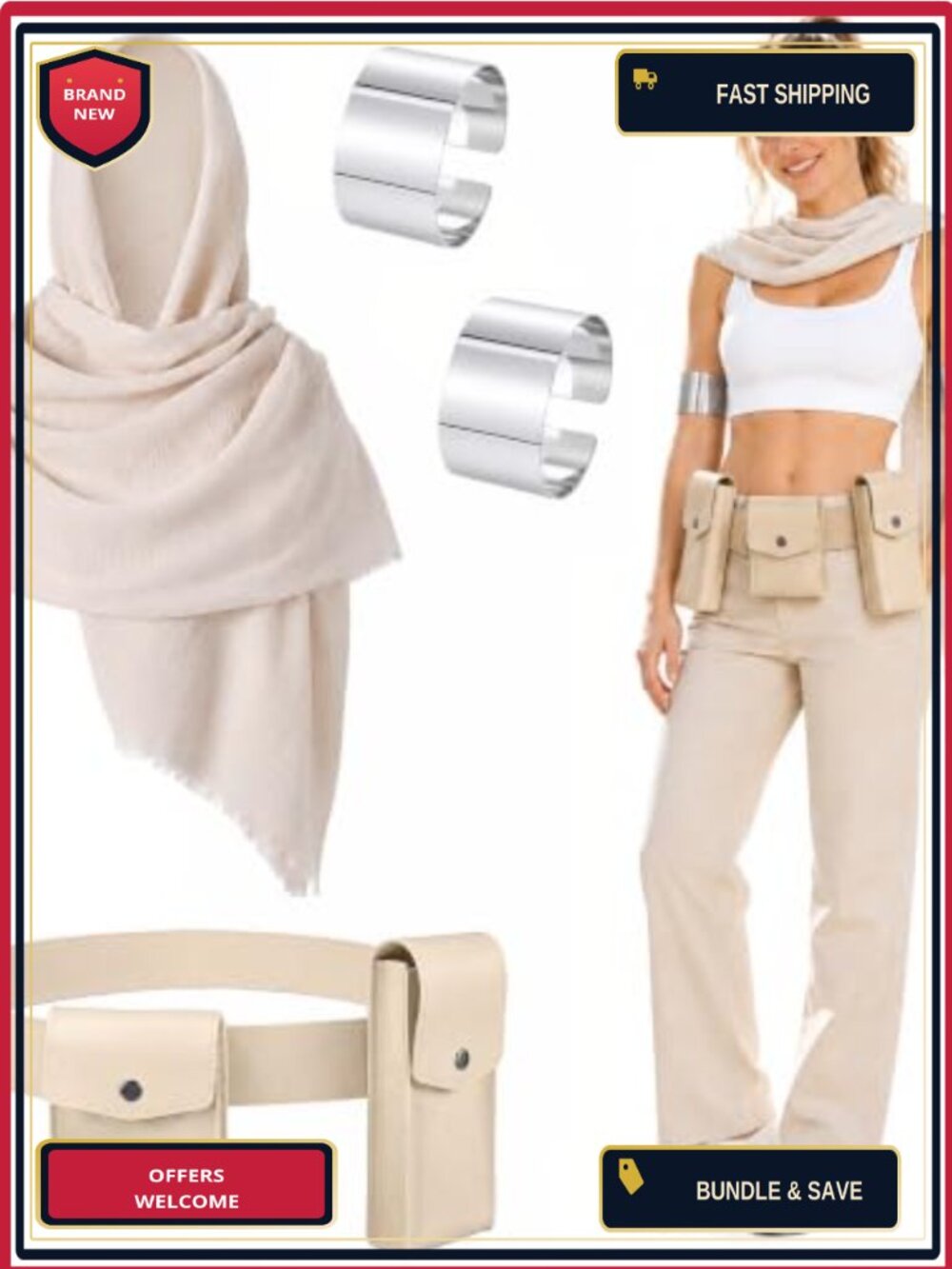 Honic 6 Pc Halloween Costume Set Women Shawl Scarf Belt Felt Pouches Arm Cuffs